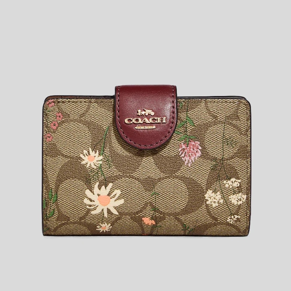 Coach Medium Corner Zip Wallet In Signature Canvas With Wildflower